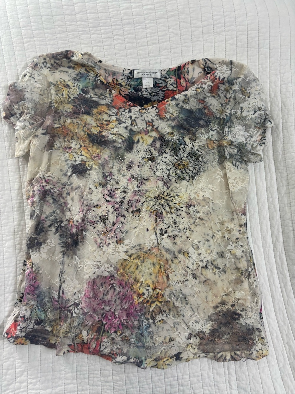 Christopher Banks Segal Cream Floral Lace Short-Sleeve Top